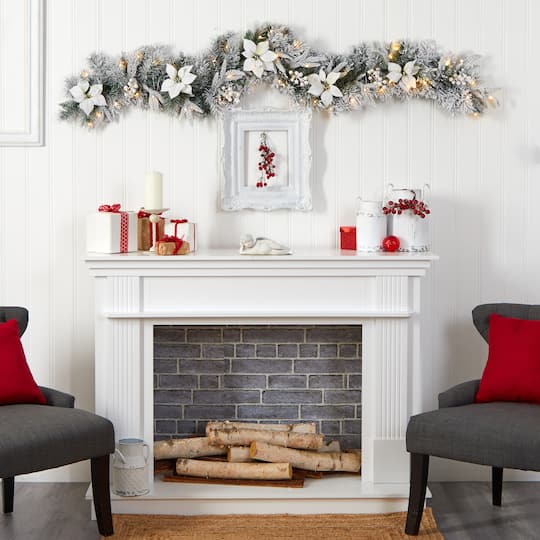 6ft. Pre-Lit LED Flocked Poinsettia & Berry Christmas Garland